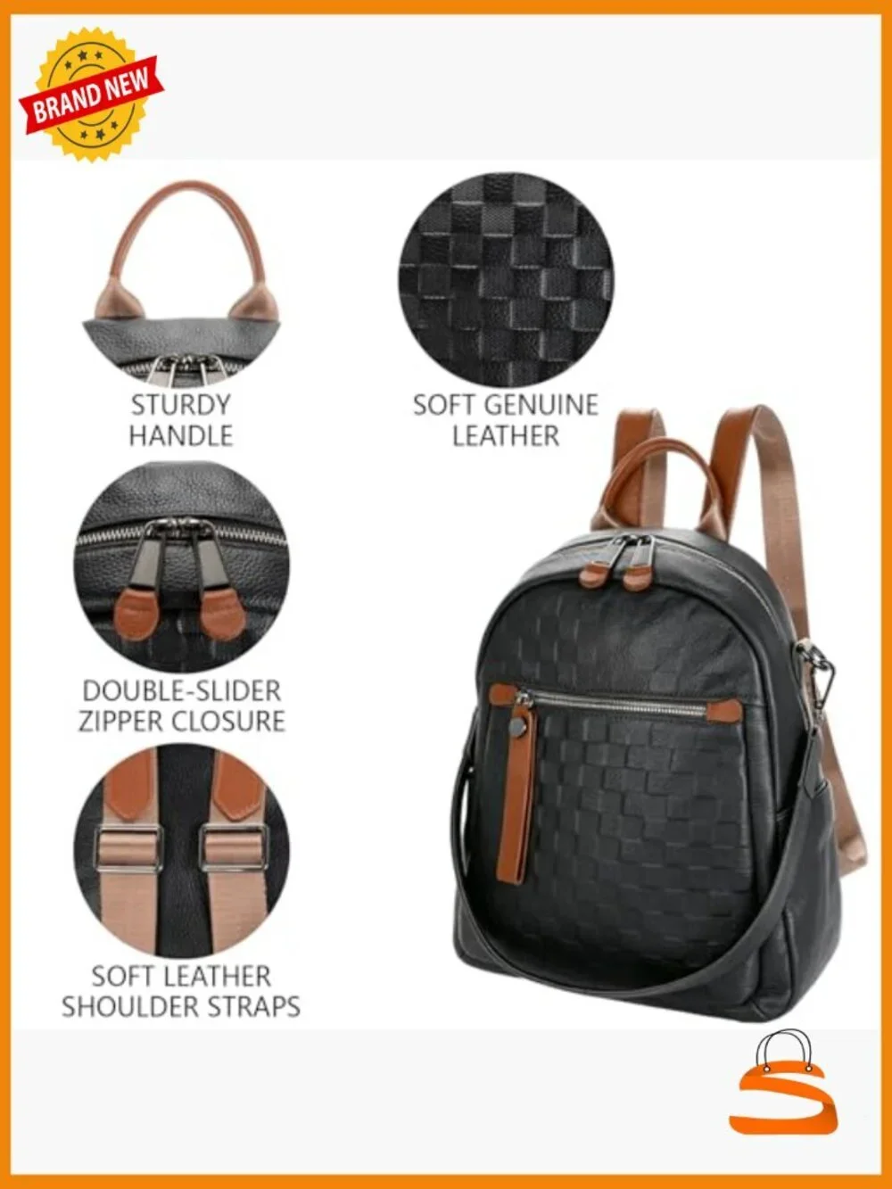 Genuine Leather Backpack Checkerboard Pattern Convertible Shoulder Bag Daypack